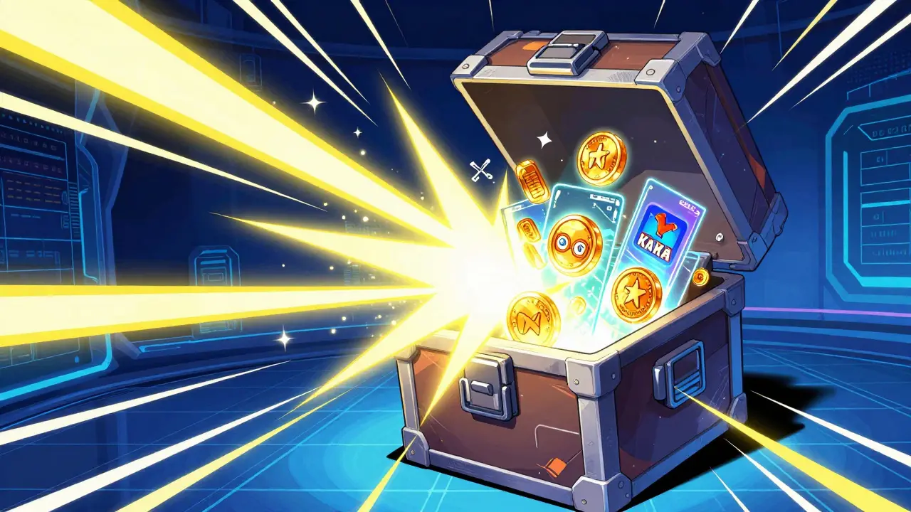 A futuristic mystery box opening to reveal glowing tokens and gaming items