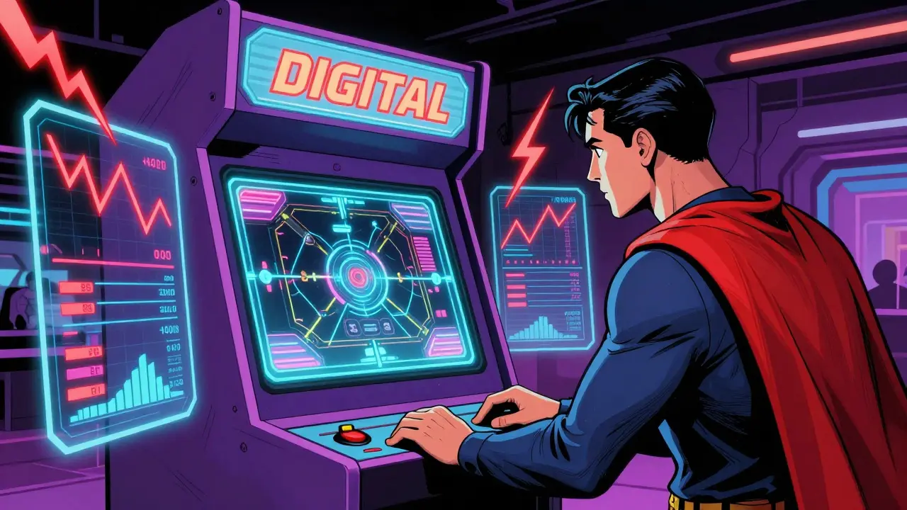 A futuristic purple arcade machine with volatile price charts in superhero comic art.