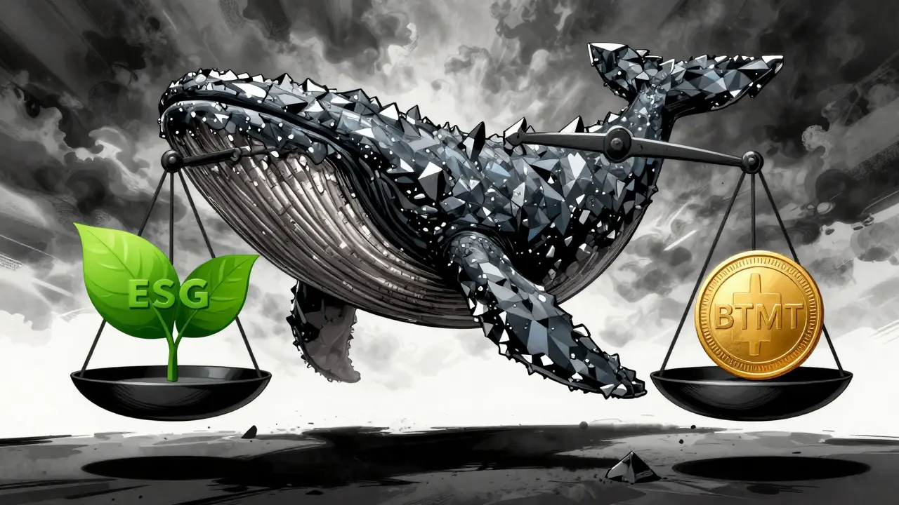 A giant crystal whale facing a scale balancing a green leaf and a BTMT token.