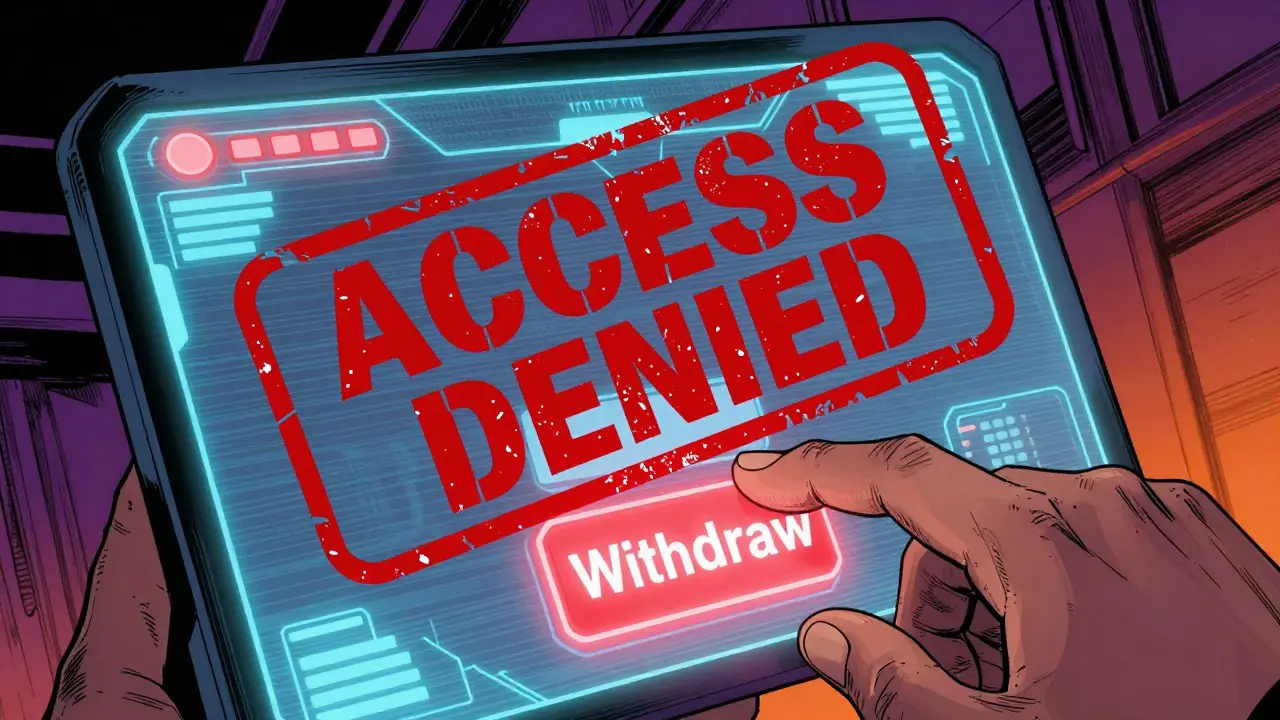 A hand failing to withdraw funds from a digital screen with a red Access Denied stamp.