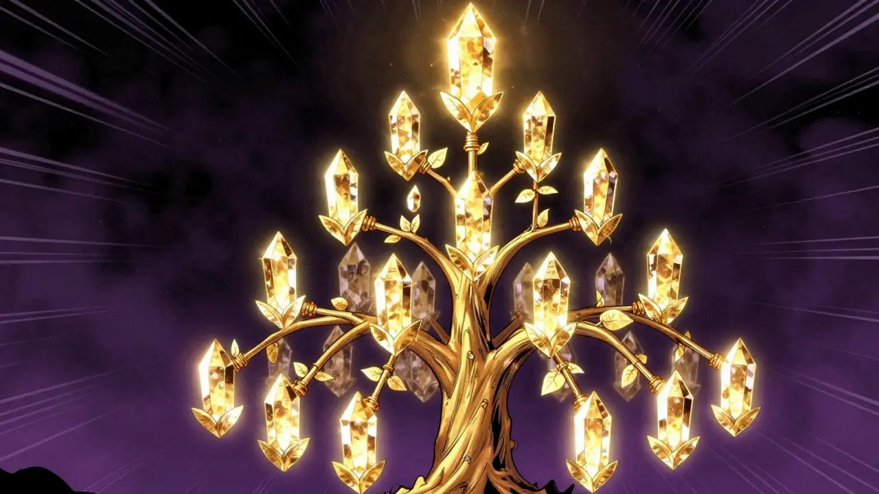 A hierarchical digital tree of glowing crystals merging into one master root hash