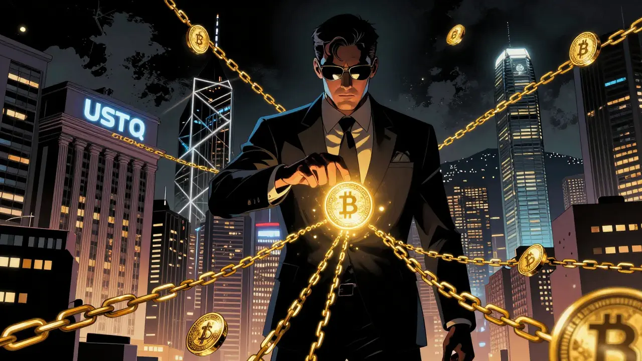 A mysterious agent directing a flow of golden digital chains between global cities.
