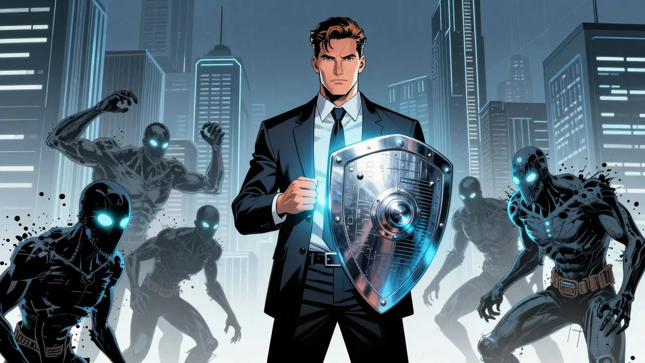 A person using a hardware wallet as a shield against glitchy digital monsters.