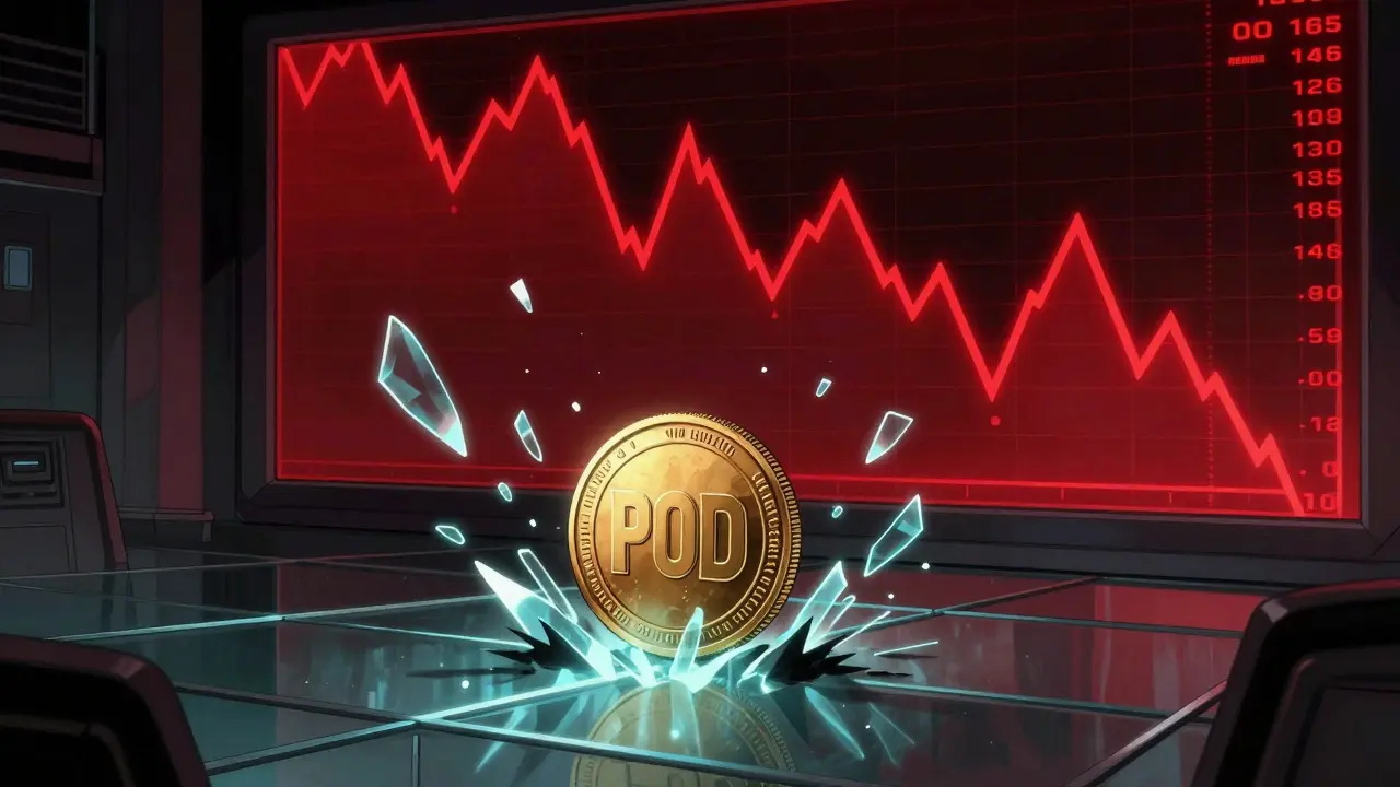 A POD token as a crashing meteor symbolizing market volatility in comic style.