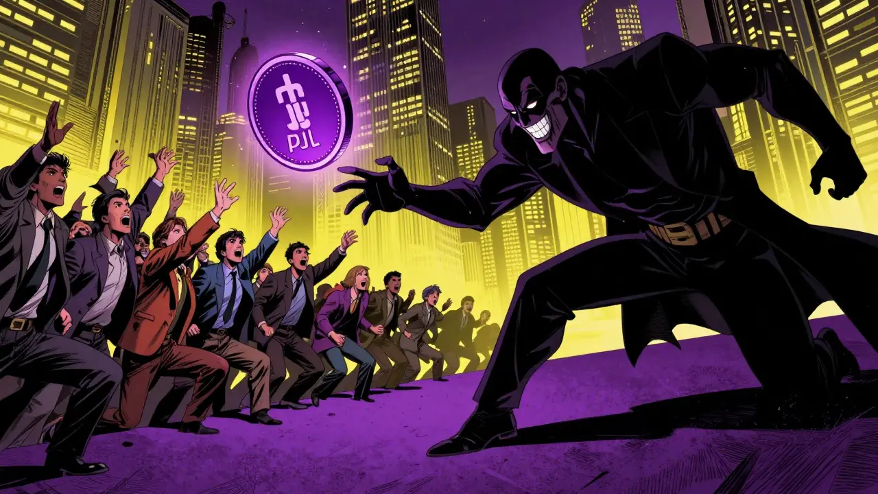 A shadowy figure pulling a purple carpet from under a crowd of investors in comic style.
