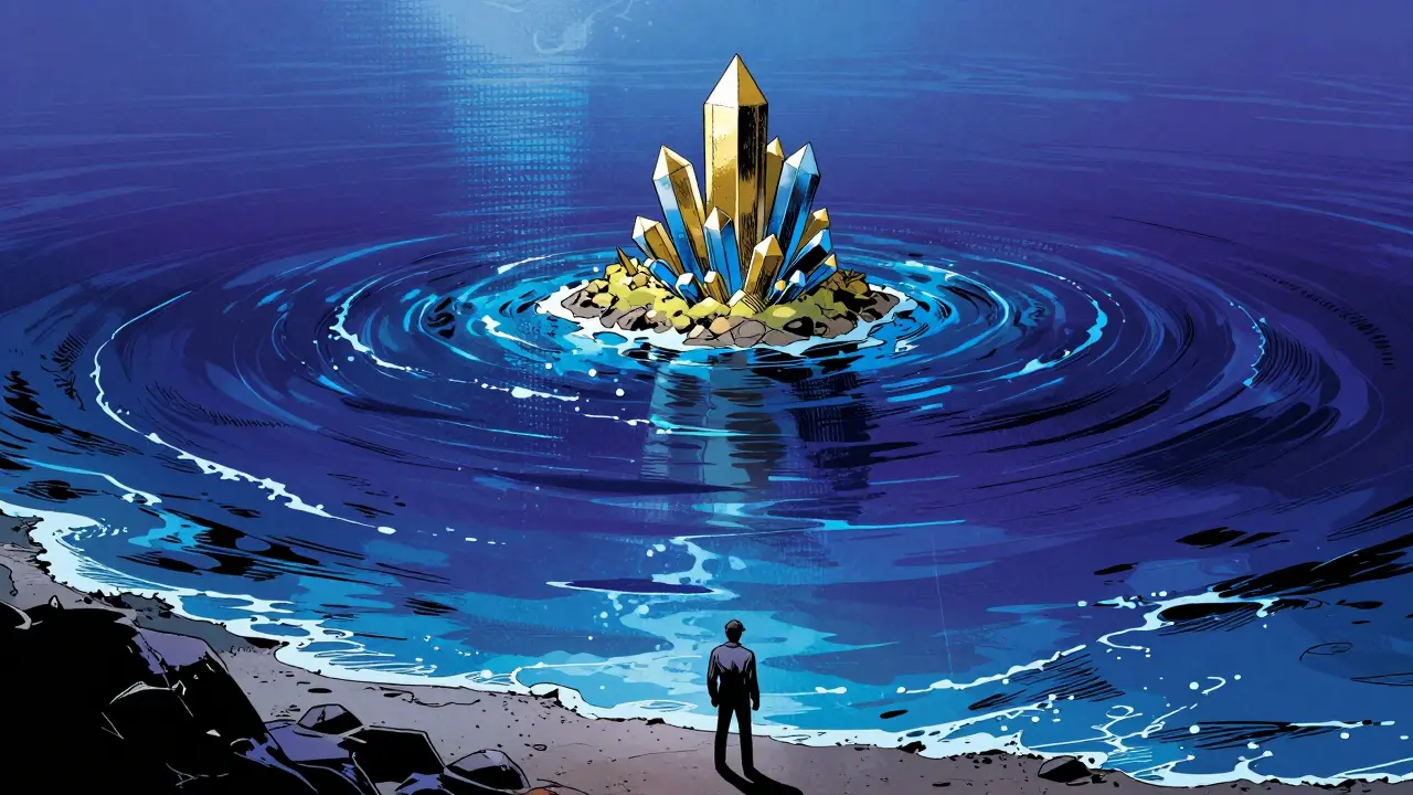 A small island of assets in a vast, empty digital ocean representing thin liquidity.