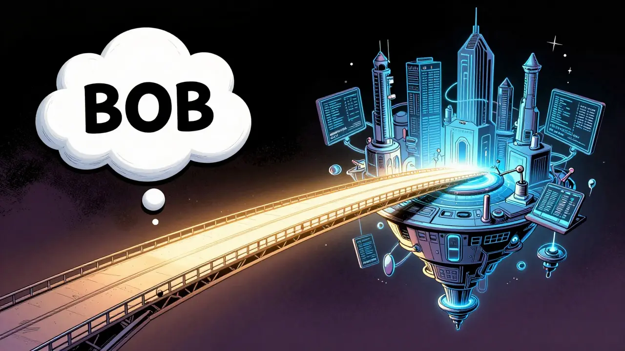 A transition from a whimsical meme cloud to a high-tech city blueprint for developers.