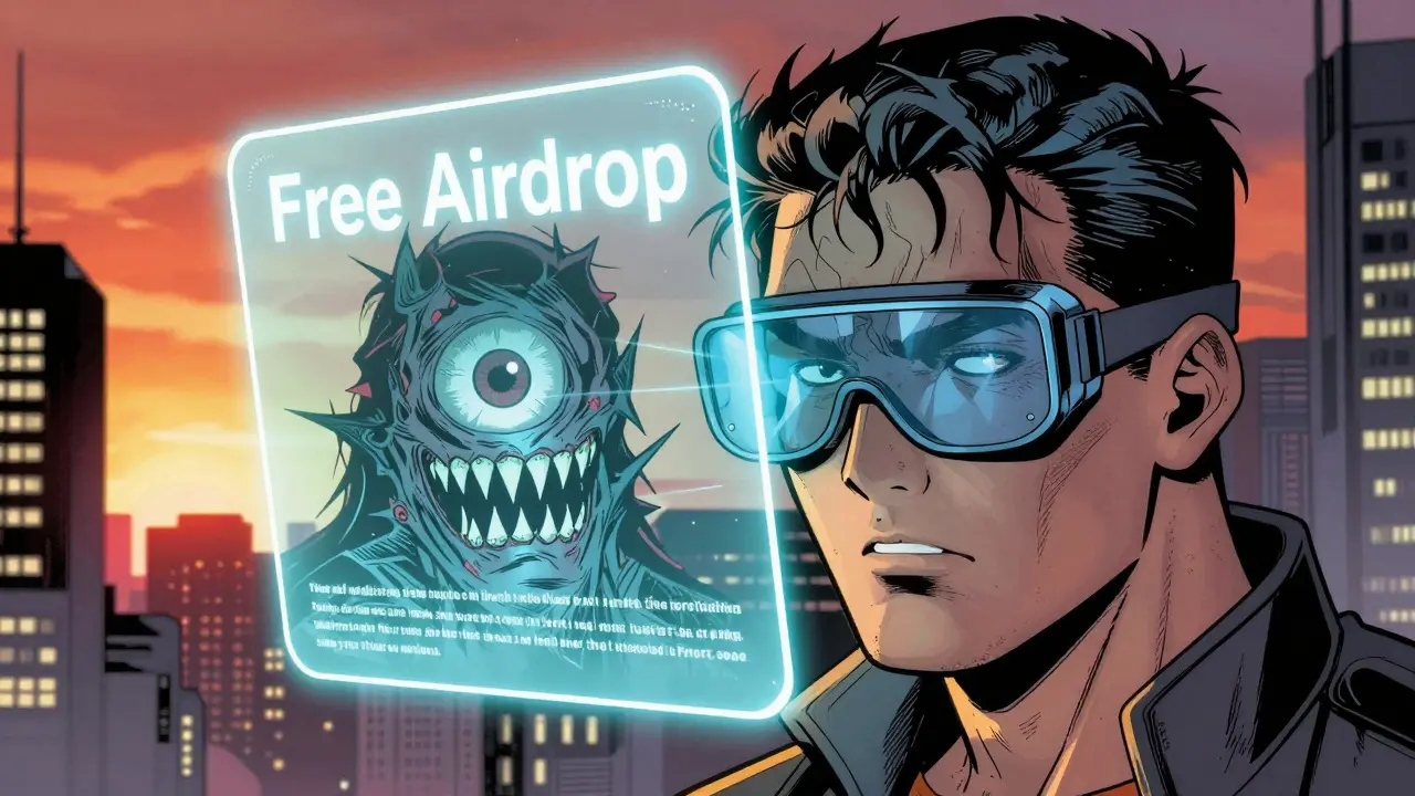 Collector using high-tech goggles to reveal a phishing scam disguised as a holographic offer