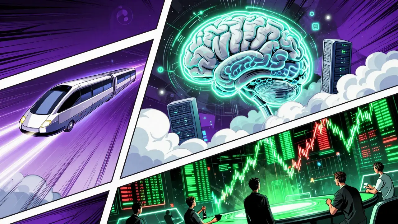 Comic art montage of high-speed scaling, decentralized AI cloud, and a digital trading floor.