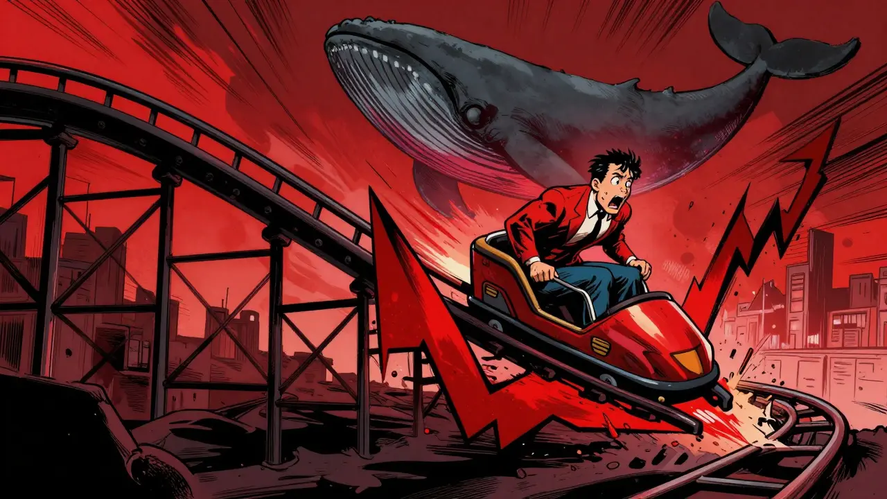 Comic art of a panicked investor on a rollercoaster shaped like a crashing price chart