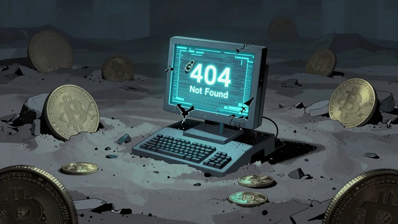 Comic book depiction of a digital wasteland with a broken terminal and buried coins