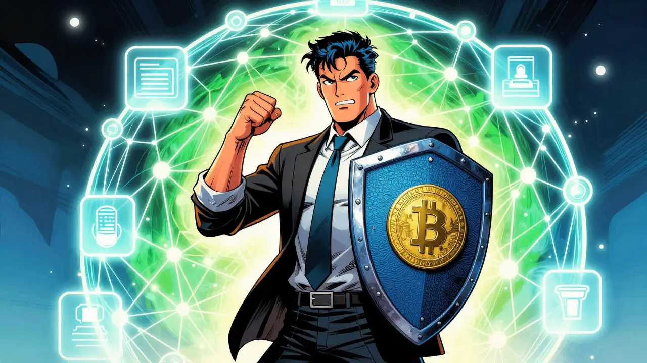 Comic book style image of a trader using a hardware wallet as a shield against a blockchain background