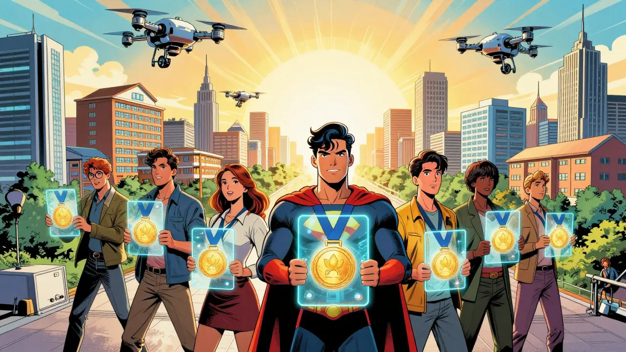 Comic illustration of young donors using NFTs to fund the construction of hospitals and schools.