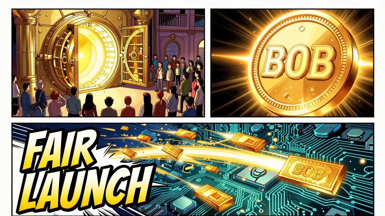 Comic panels showing a fair public token launch and high-speed digital data transfer.