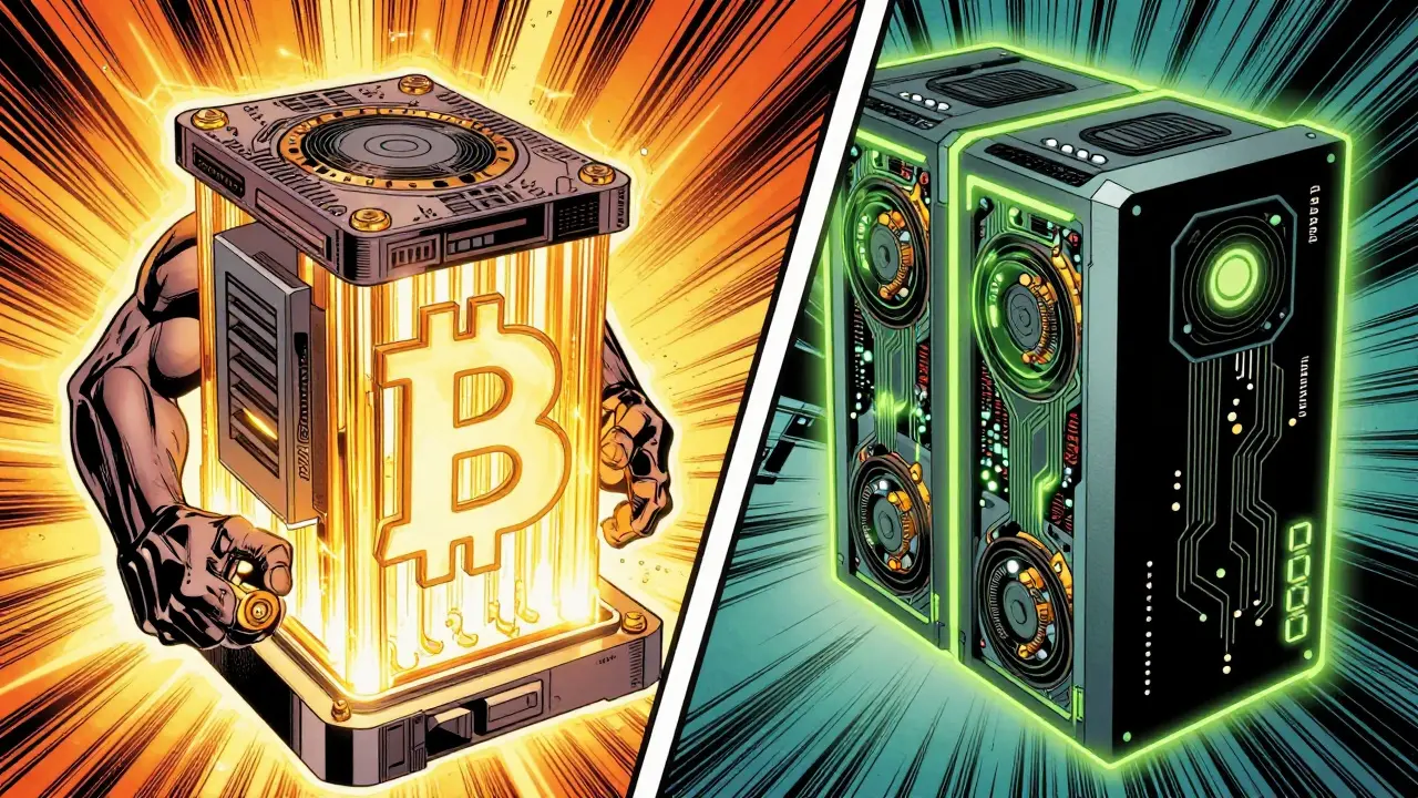 Comparison between a powerful ASIC machine and a neon GPU rig in a comic book split-screen.
