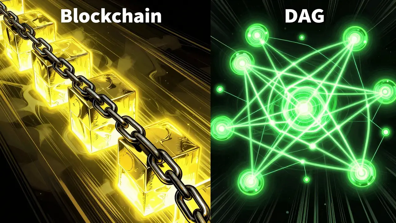 Comparison of a linear chain of blocks versus a web-like network of transactions in comic book style.