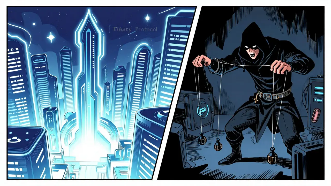 Contrast between the futuristic Fluity Protocol and a dark scammer's lair in comic art.
