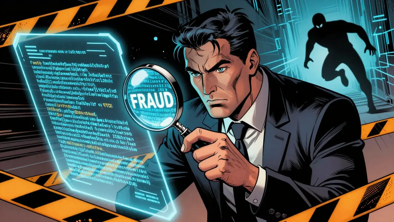 Detective examining a fraudulent digital contract with a magnifying glass in comic style
