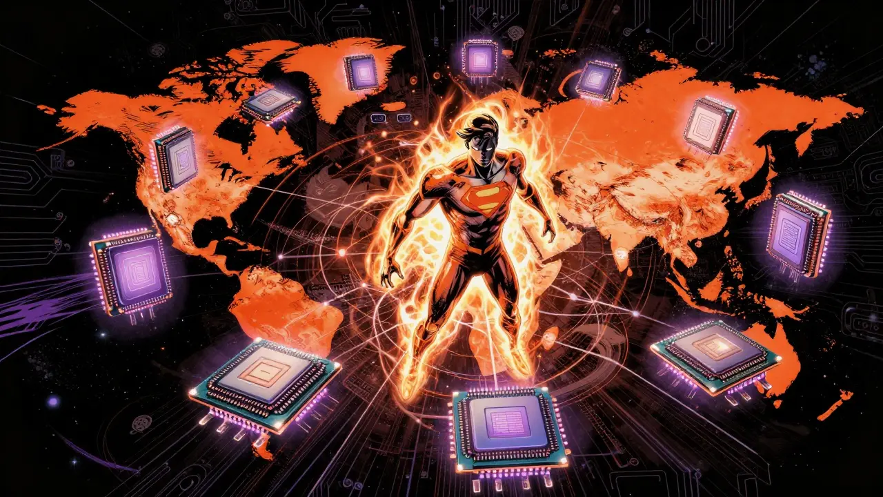 Digital hero orchestrating a network of glowing GPU processors in a cosmic comic scene.