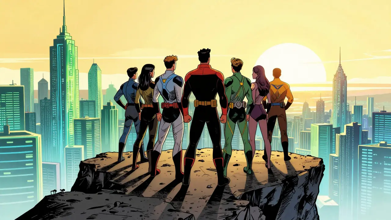 Diverse hero team overlooks digital cityscape from cliff edge