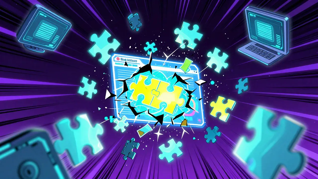 Encrypted digital shards flying through a neon cyberspace toward various storage nodes.