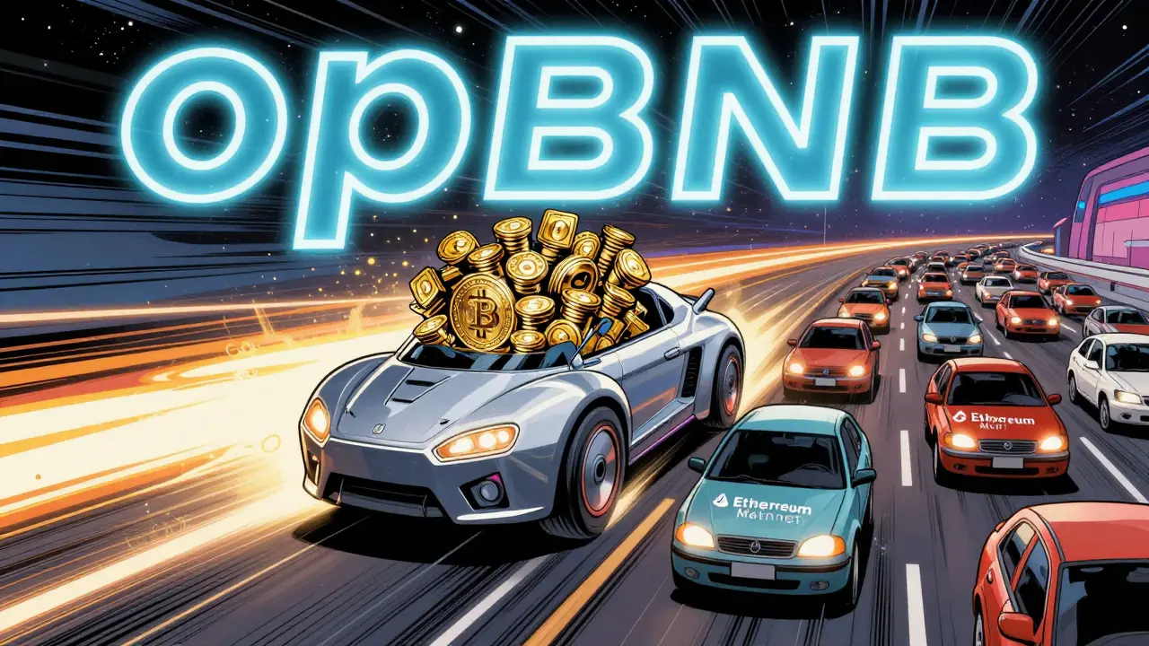 Fast futuristic vehicle zooming on an opBNB highway past slow traffic.