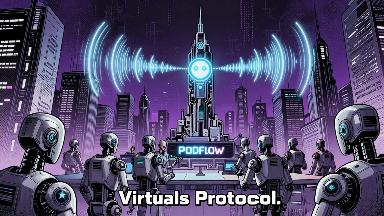Futuristic city of AI agents within the Virtuals Protocol ecosystem in comic art.