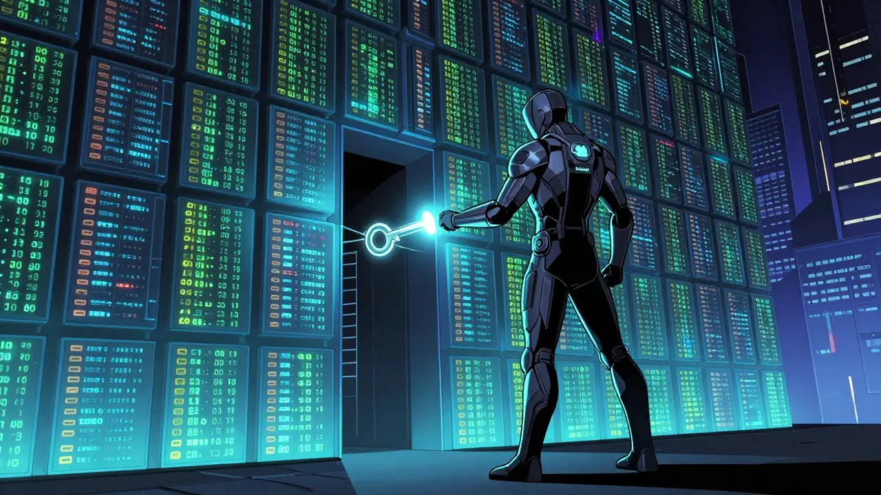Futuristic scout using a glowing key to unlock one part of a giant data wall