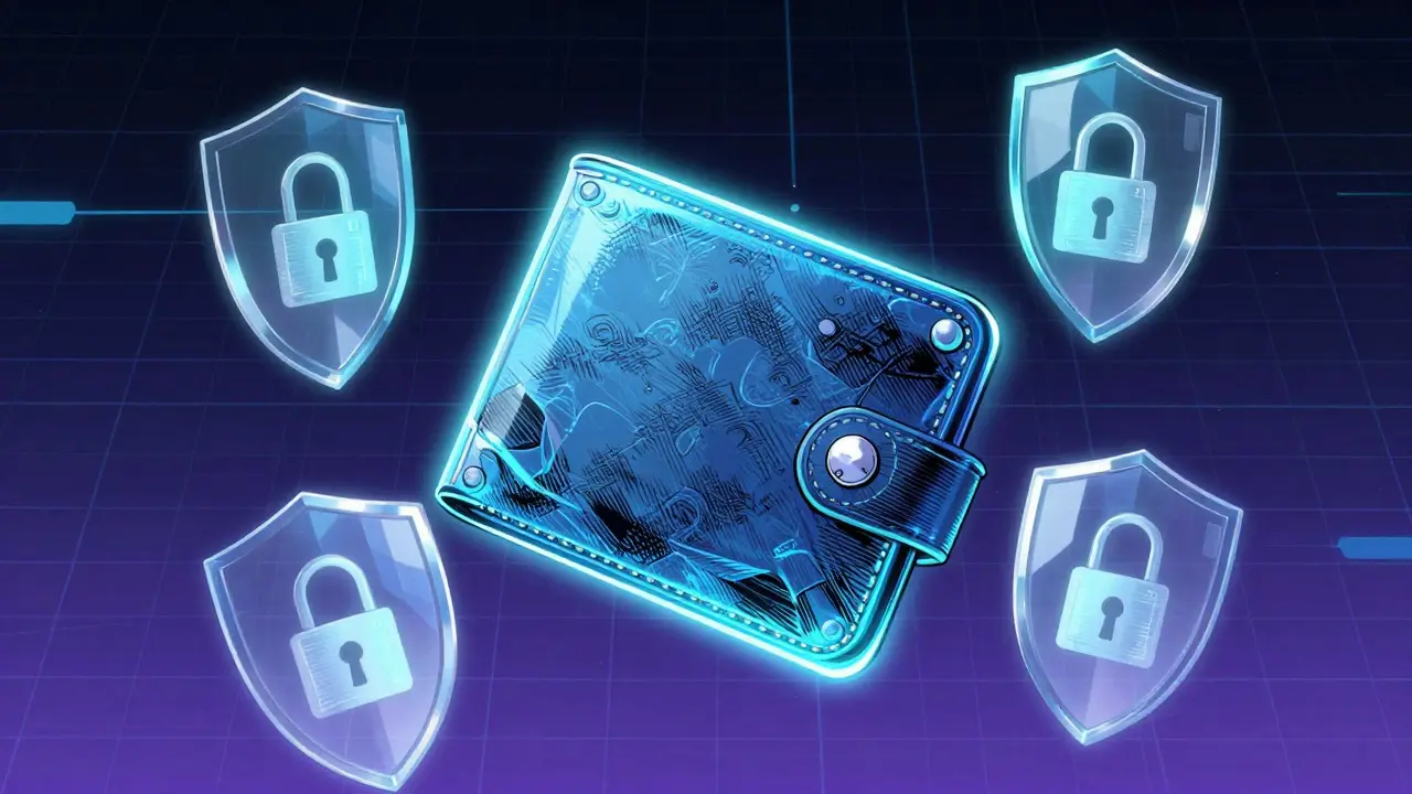 Glowing holographic digital wallet with security shields in superhero comic style