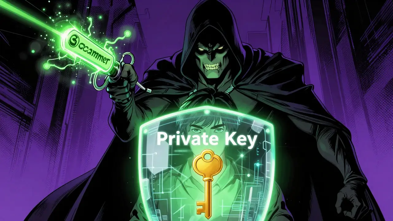 Hero shielding a golden key from a hooded digital scammer villain