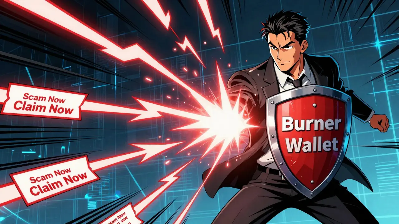 Investor using a burner wallet shield to block scam attacks in superhero comic style.