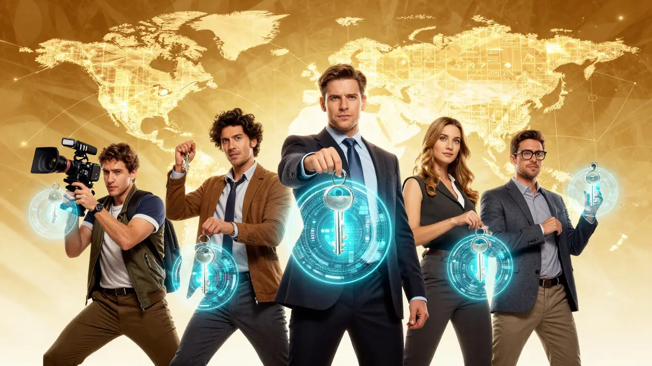 People using digital keys to access holographic data connected by a golden blockchain grid.