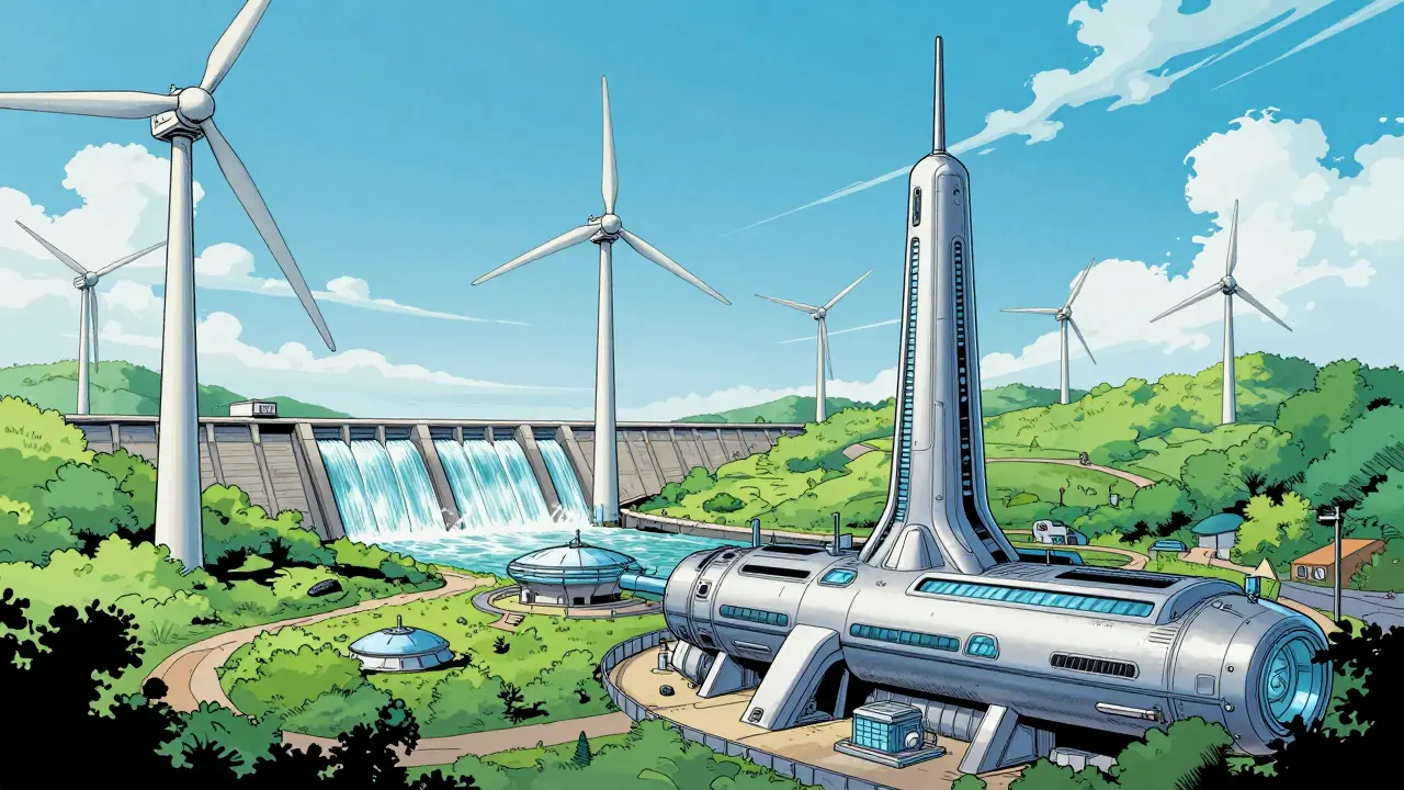 Renewable energy sources powering a modern crypto mining facility in comic book style.