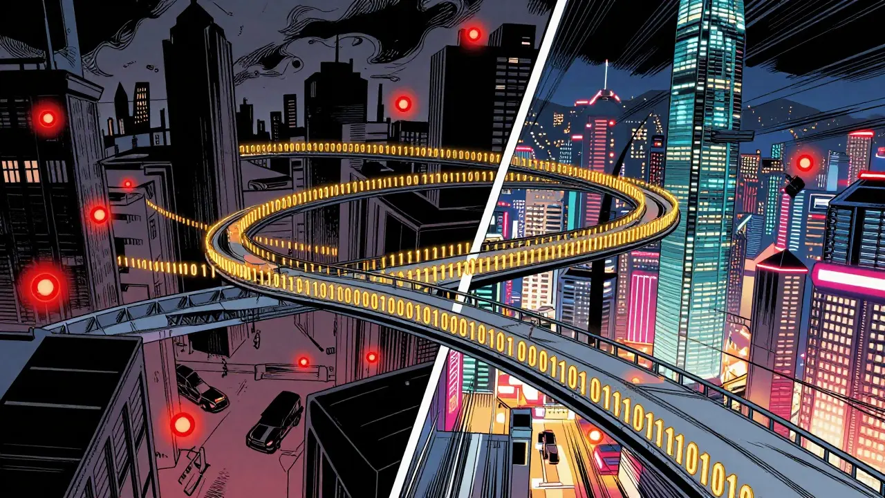 Split-screen comic art showing a restrictive city and a crypto-friendly neon city
