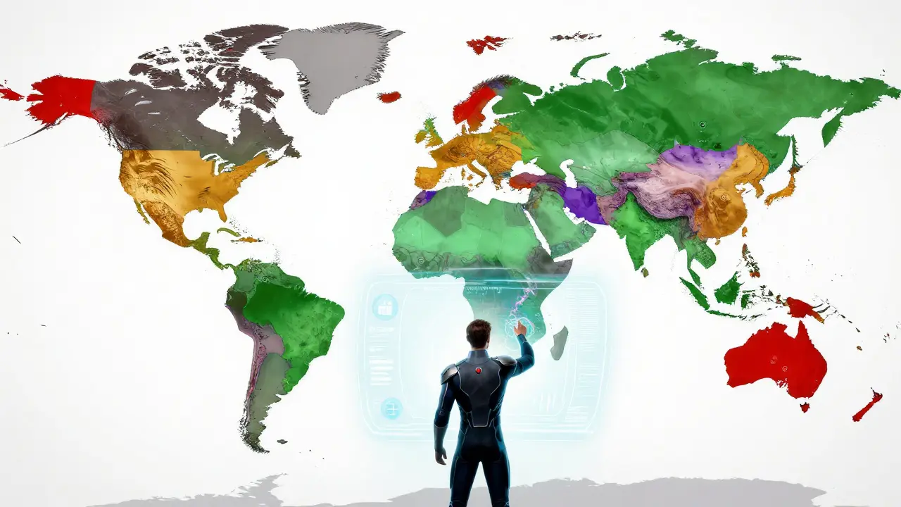 Strategist analyzing a futuristic holographic map highlighting crypto-friendly safe haven countries.