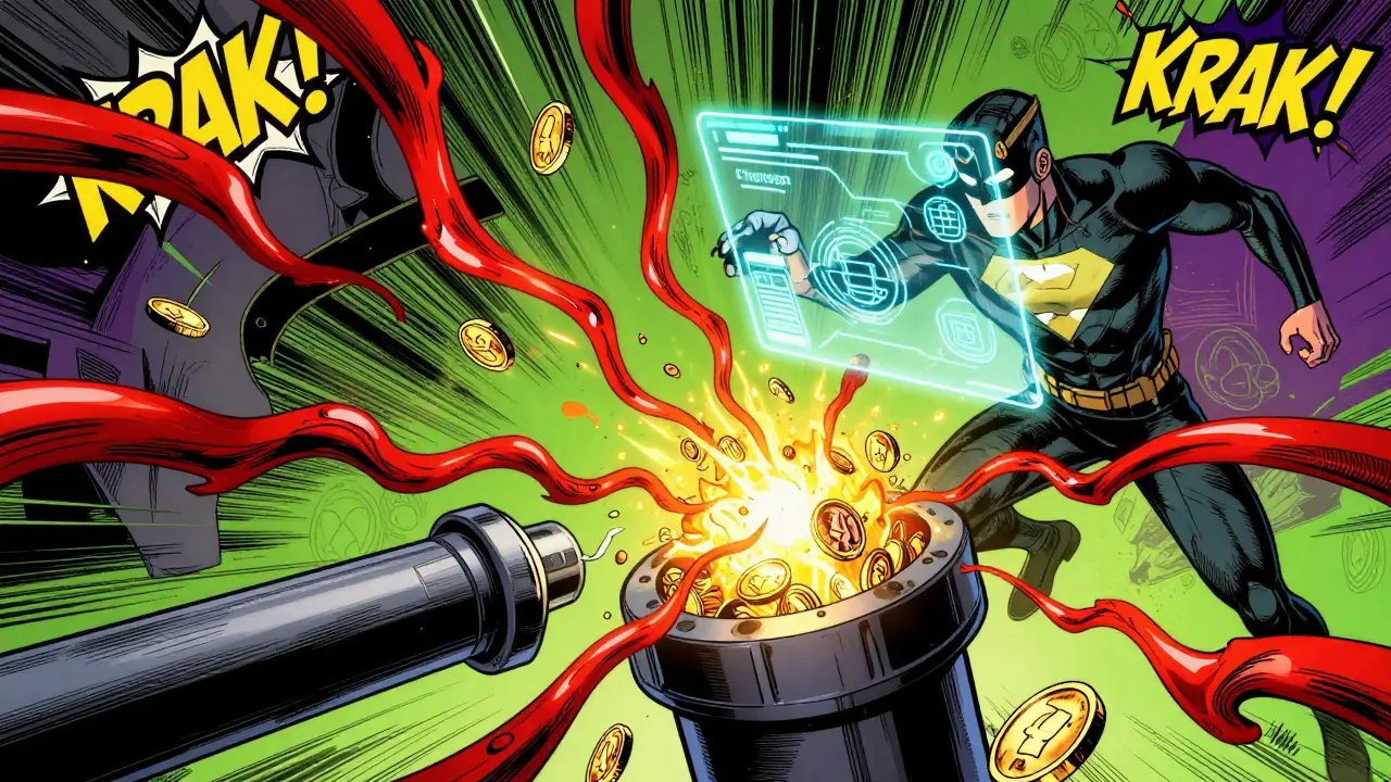 Superhero character cutting parasitic energy links to protect digital assets from a drain