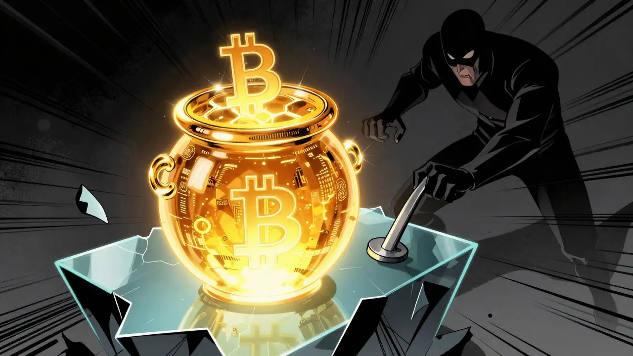 Superhero comic illustration of a golden crypto honeypot trap with a shadowy figure lurking behind