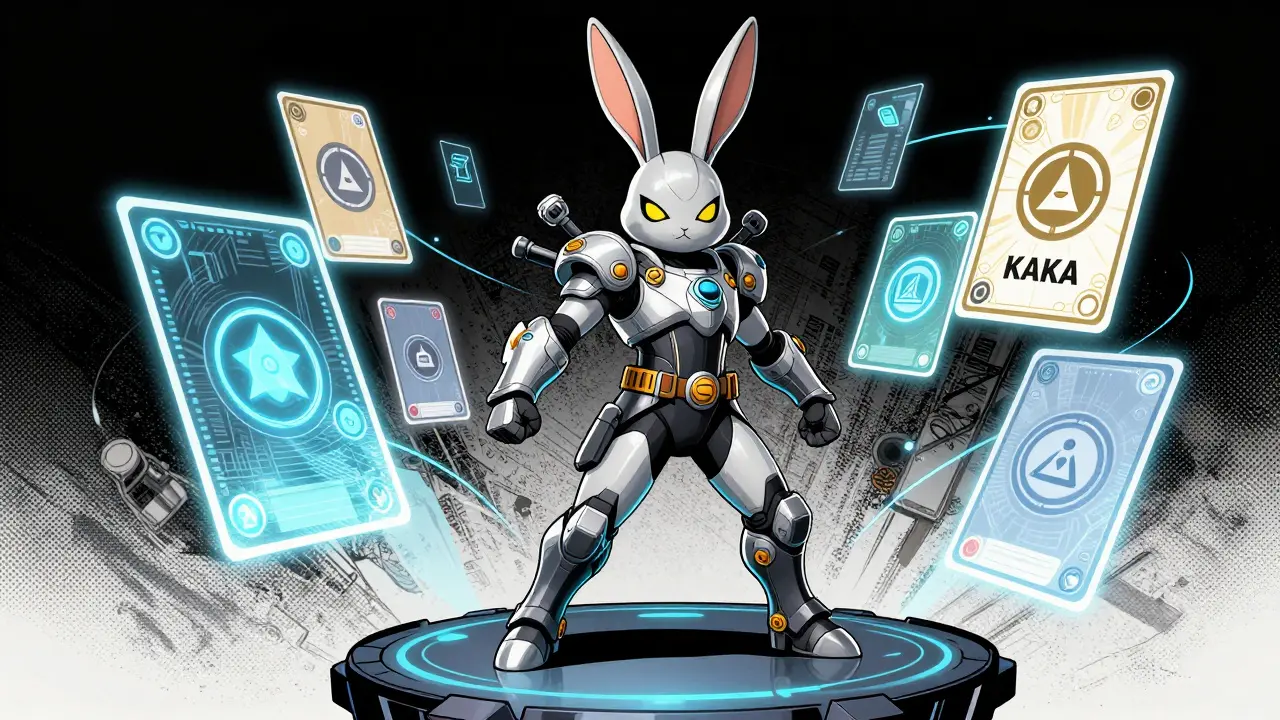 Superhero KAKA-rabbit NFT character in futuristic armor on a digital platform