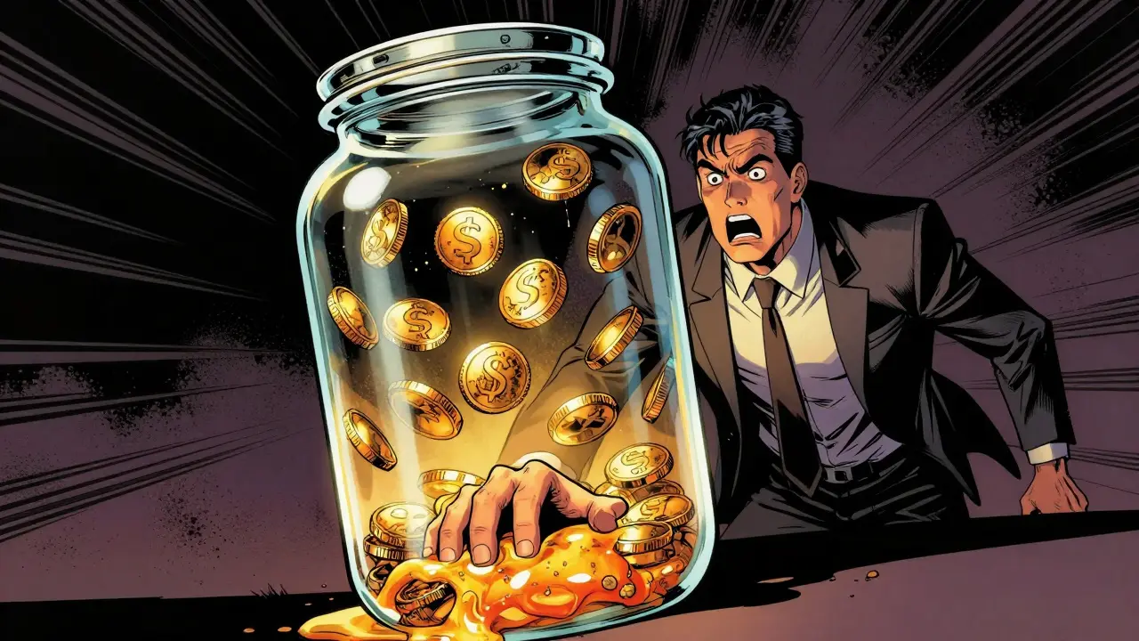 Superhero trader trapped by a giant glass jar of unreachable coins in comic book art