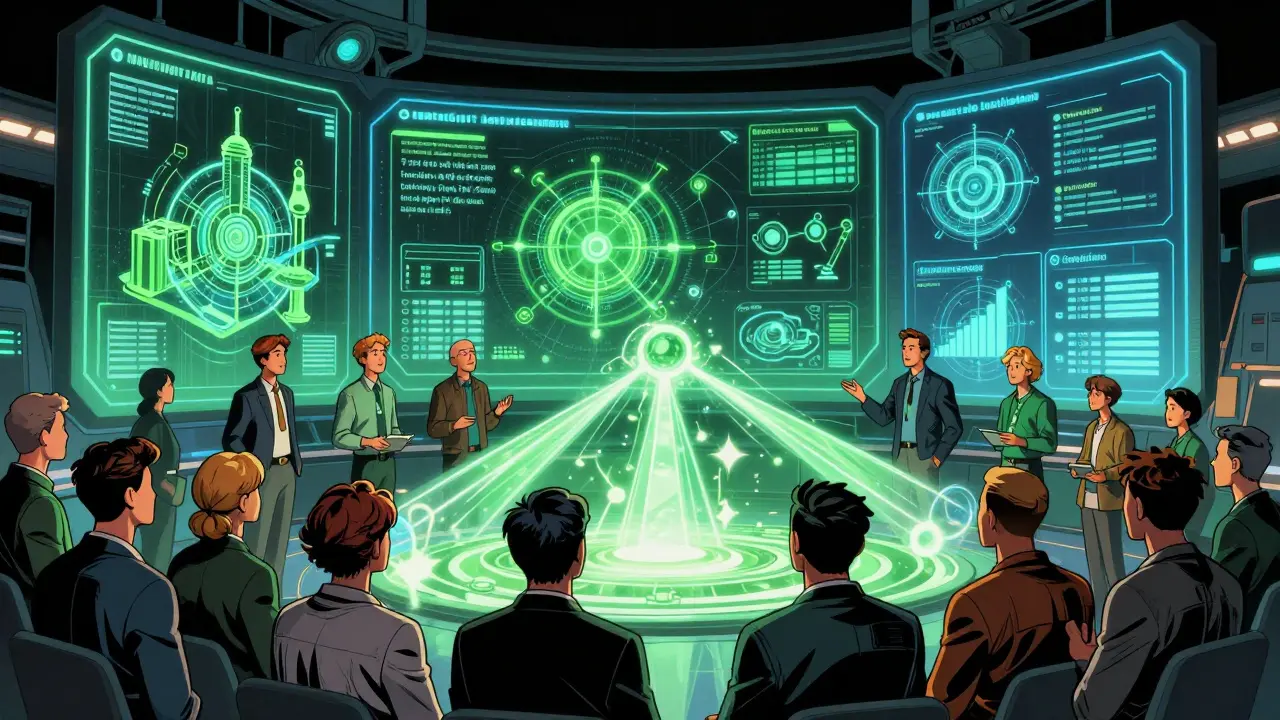 Token holders funding green tech projects on a futuristic holographic launchpad.