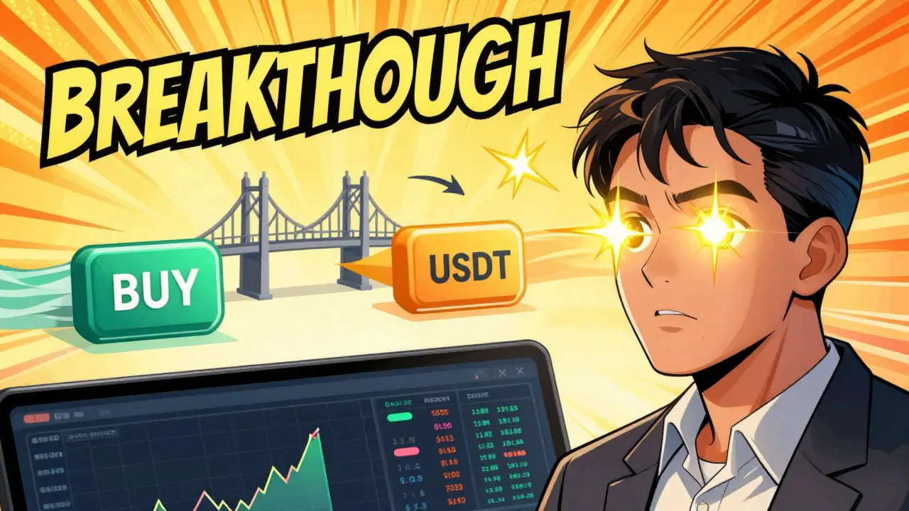 Trader experiencing a breakthrough of understanding crypto pairs in a dynamic comic style