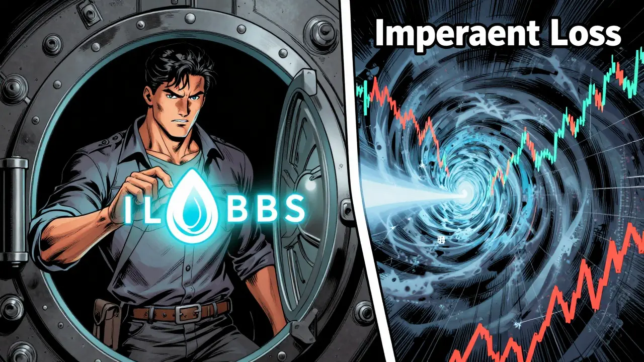 Trader managing a digital vault while facing a storm of market volatility.