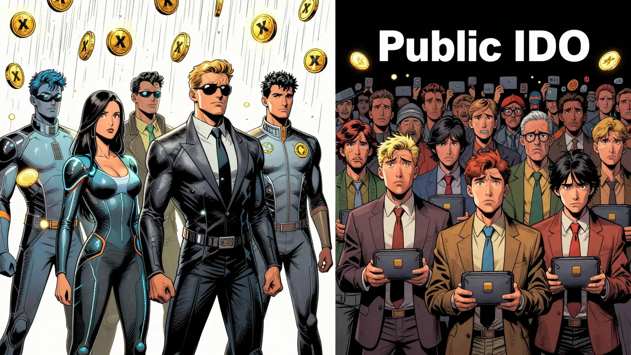 Wealthy investors receiving tokens while public investors look on disappointed