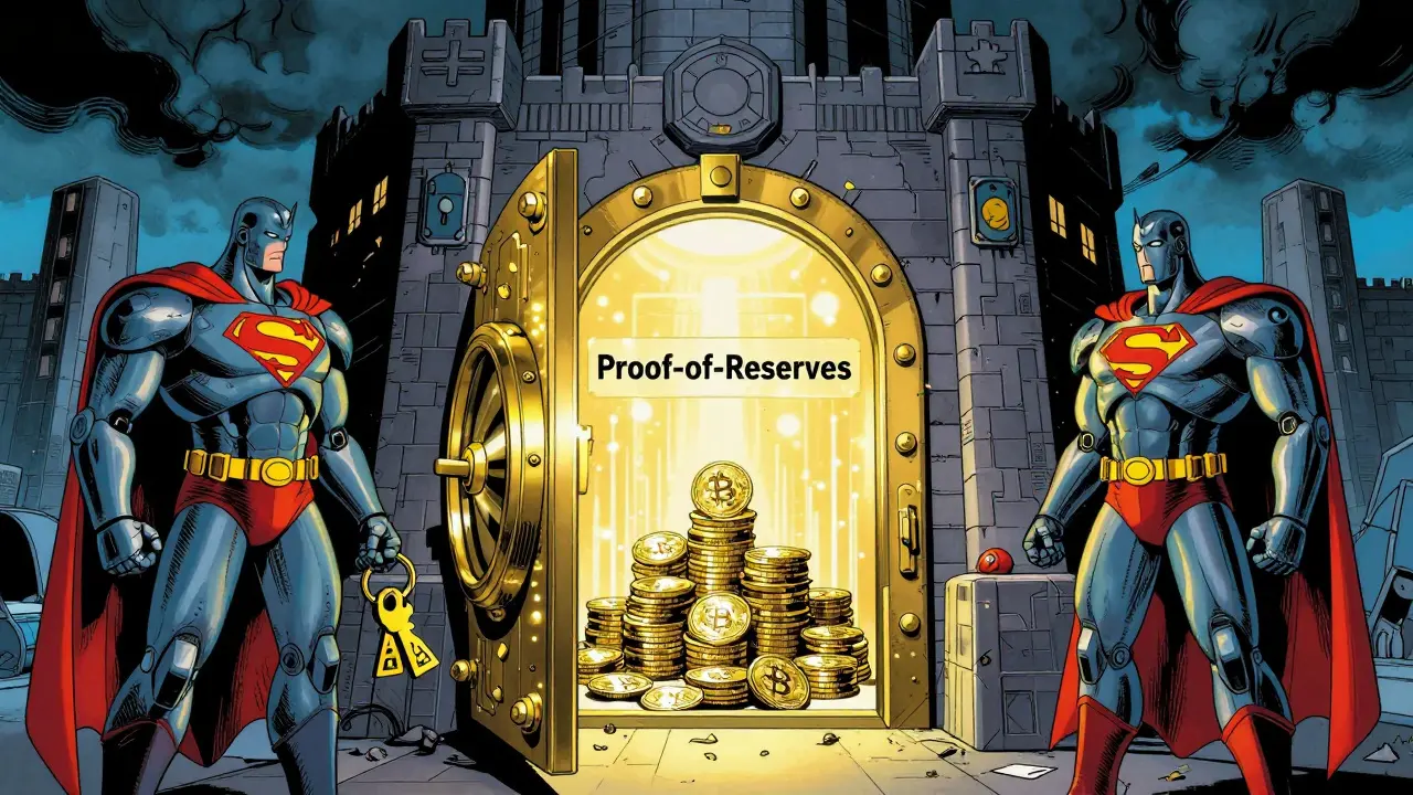 A secure vault protecting crypto assets behind a proof-of-reserves force field.
