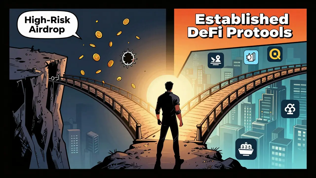 Character choosing safe DeFi bridge over risky airdrop cliff path
