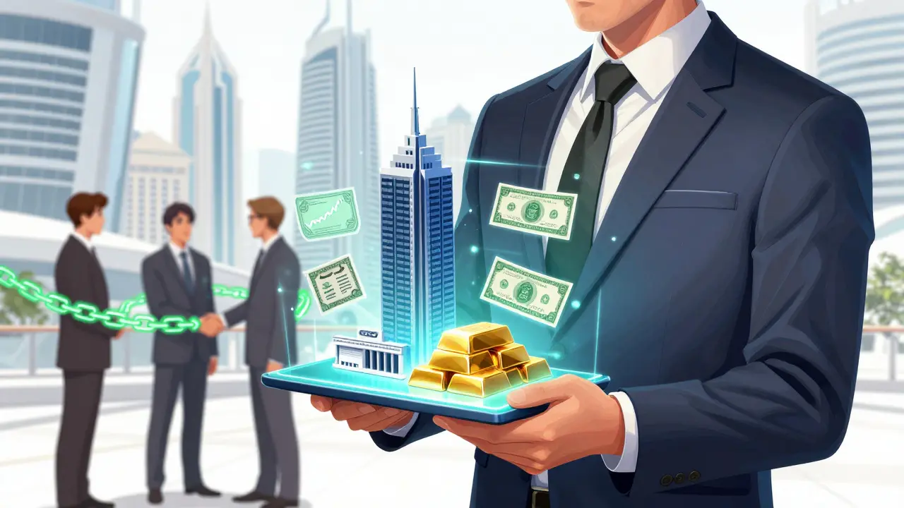 Comic art: Businessman holds glowing tokenized assets hologram
