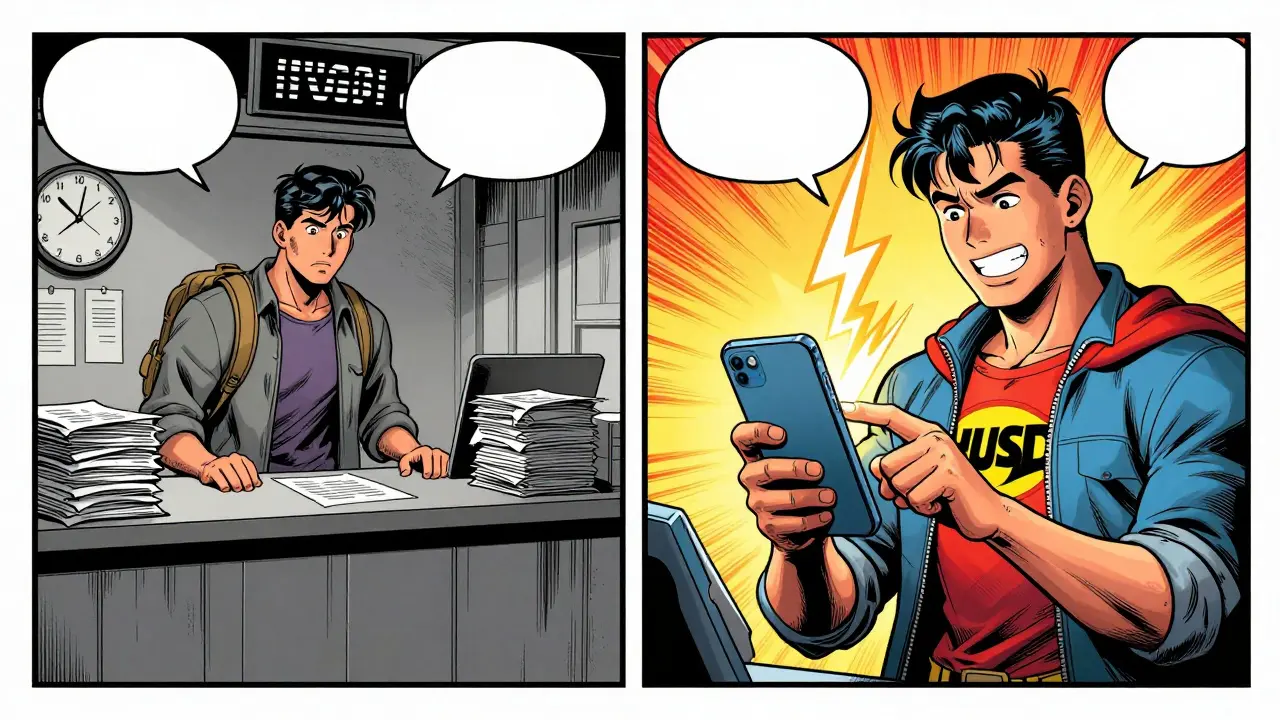 Comic art comparing slow bank transfers with fast PYUSD mobile payments.