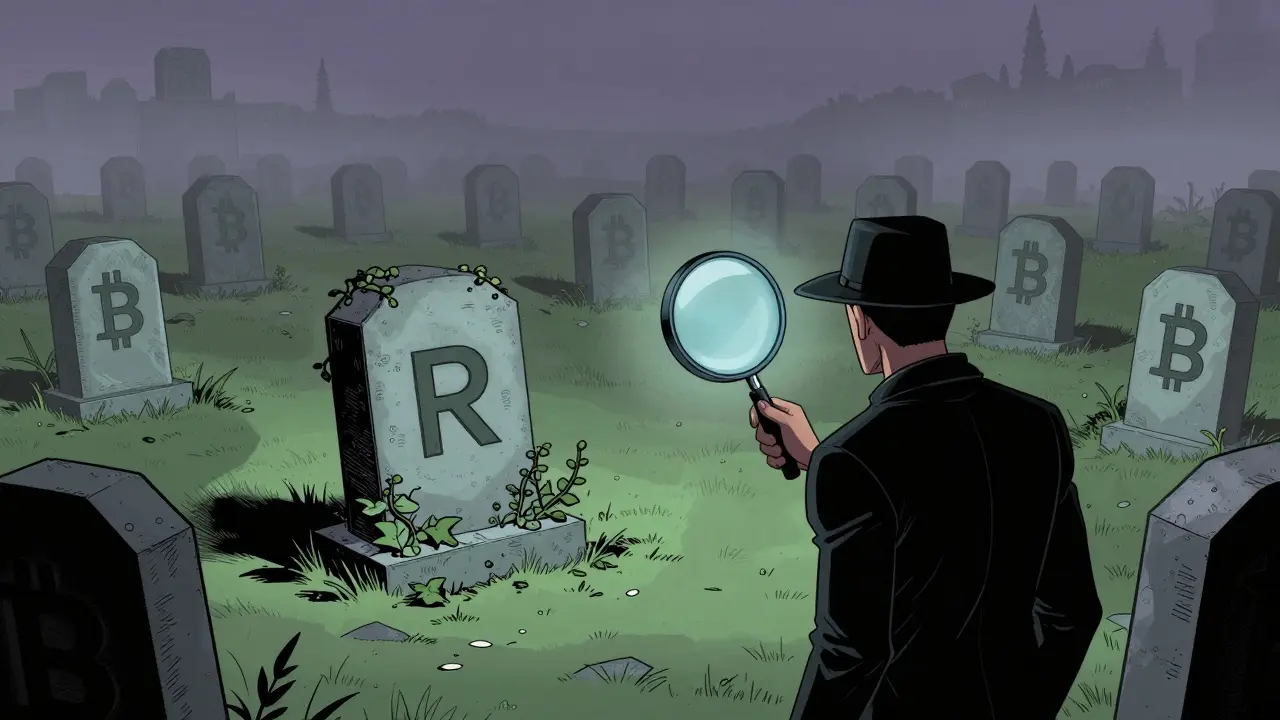 Comic art of a crypto graveyard with a tombstone for a dead coin