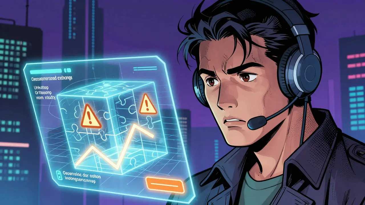 Comic art of a trader cautiously navigating a complex crypto swap interface.