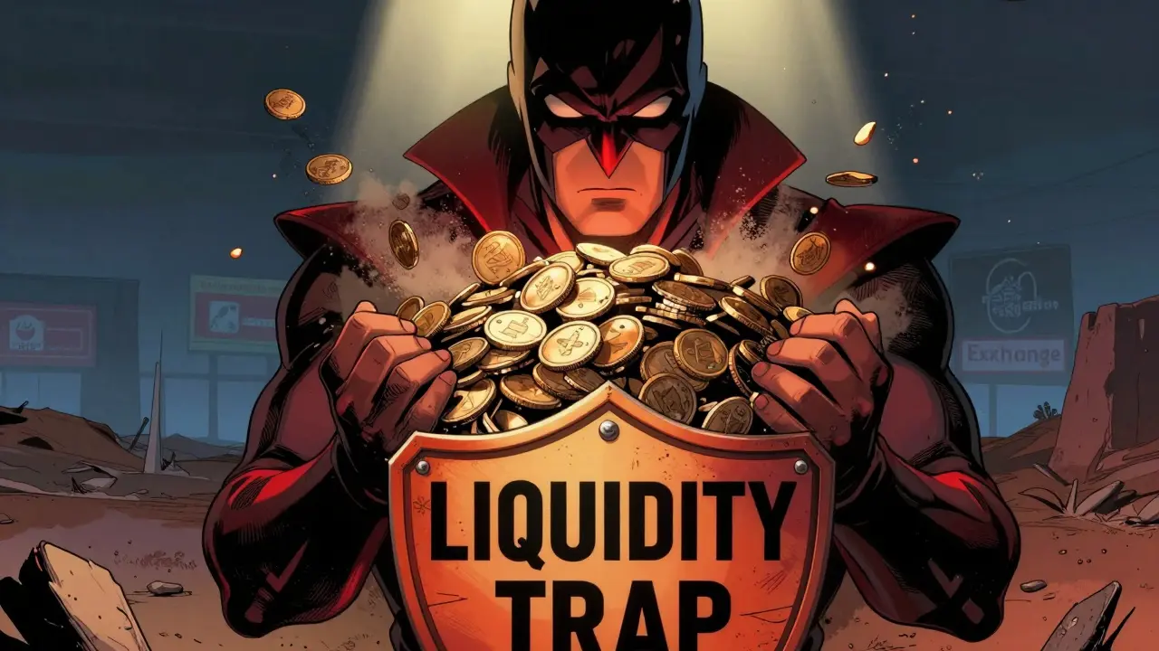 Comic art of a villain holding crumbling tokens representing liquidity risks